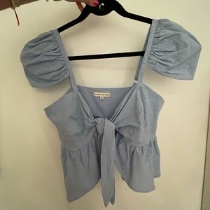 Blue Linen Look Puff Cap Sleeve Top